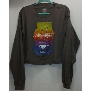 Ford Mustang Women’s XL Gray Graphic Print Long Sleeve Cropped T-Shirt EUC!